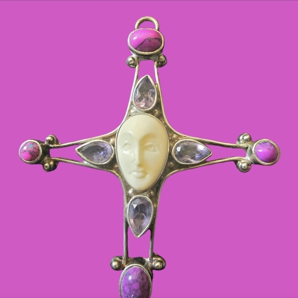 Goddess Carved Face Pendant, Sterling Silver, MultiGemstone, Vintage, EUC - Picture 5 of 8